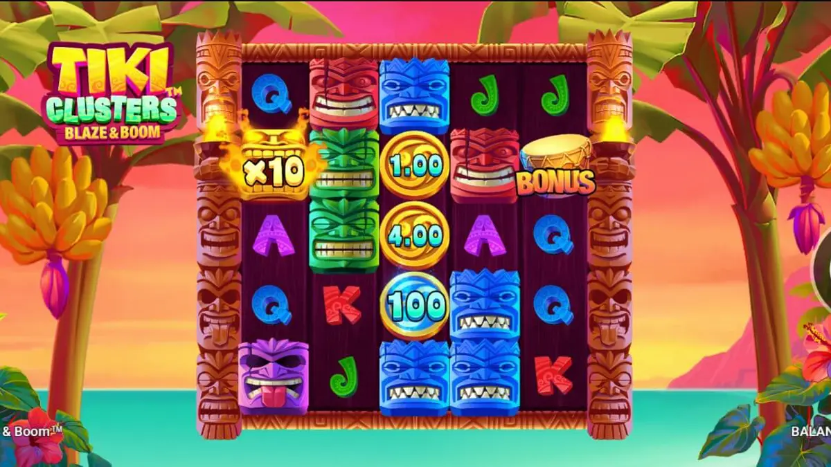 Tiki Clusters Blaze & Boom স্লট গেমের গ্রিড এবং টিকি থিমযুক্ত ব্যাকগ্রাউন্ড